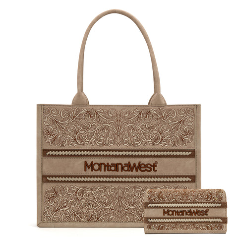 MW1279G-8119W  Montana West Embroidered Collection Concealed Carry Tote Wallet Set -Tan