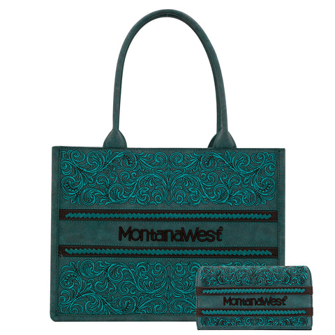 MW1279G-8119W  Montana West Embroidered Collection Concealed Carry Tote  Wallet Set -Turquoise