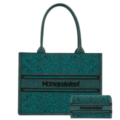 MW1279G-8119W  Montana West Embroidered Collection Concealed Carry Tote  Wallet Set -Turquoise