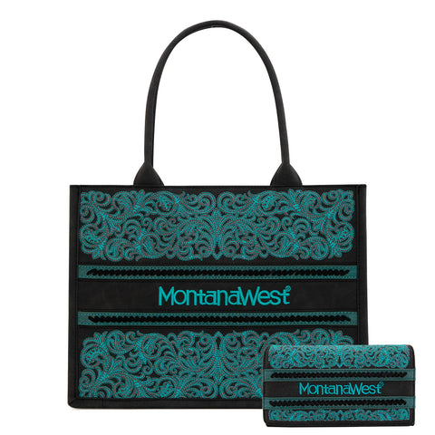 MW1279G-8119W  Montana West Embroidered Collection Concealed Carry Tote  Wallet Set -Black