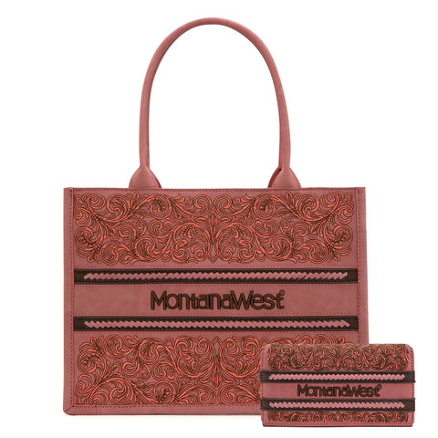 MW1279G-8119WPK Montana West Embroidered Collection Concealed Carry Tote Wallet Set -Pink