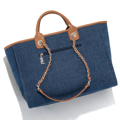 LEE45-345  LEE Canvas Denim Top Handle/Chain Strap Wide Tote