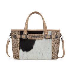 TR199-8122  Trinity Ranch Genuine Hair-On Cowhide Tooled Tote/Crossbody