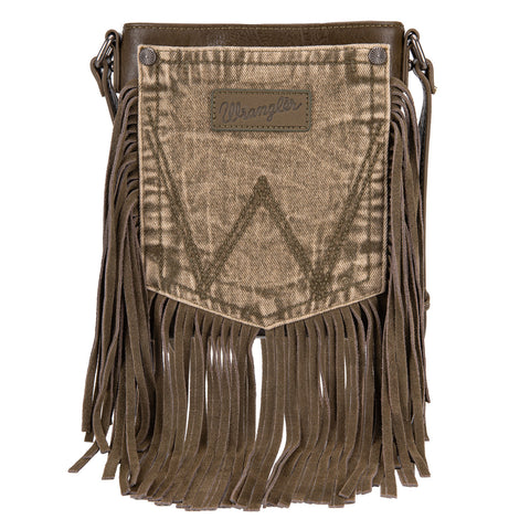 WG44-8360  Wrangler Leather Fringe Jean Denim Pocket Crossbody - Green