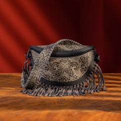 MWF1010-194 Montana West Embossed Floral Hand-Tie Fringe Bum Bag/Crossbody Bag