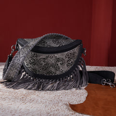 MWF1010-194 Montana West Embossed Floral Hand-Tie Fringe Bum Bag/Crossbody Bag