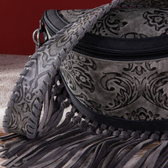 MWF1010-194 Montana West Embossed Floral Hand-Tie Fringe Bum Bag/Crossbody Bag