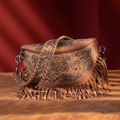 MWF1010-194 Montana West Embossed Floral Hand-Tie Fringe Bum Bag/Crossbody Bag