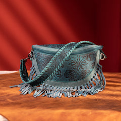 MWF1010-194 Montana West Embossed Floral Hand-Tie Fringe Bum Bag/Crossbody Bag