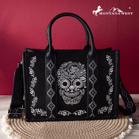 MWF1053G-8250BK   Montana West Embroidered Sugar Skull Concealed Carry Tote/Crossbody - Black