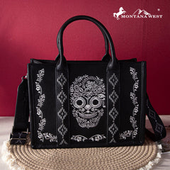 MWF1053G-8250BK   Montana West Embroidered Sugar Skull Concealed Carry Tote/Crossbody - Black