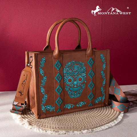 MWF1053G-8250BR   Montana West Embroidered Sugar Skull Concealed Carry Tote/Crossbody - Brown