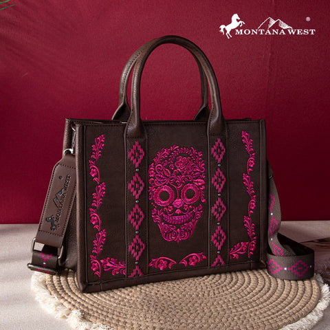 MWF1053G-8250CF   Montana West Embroidered Sugar Skull Concealed Carry Tote/Crossbody - Coffee