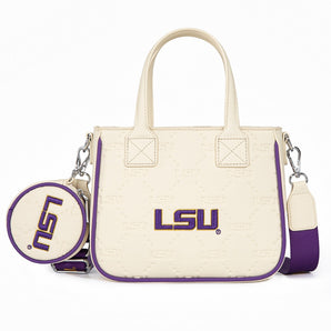NC-LSU014BG Louisiana State University Tigers Embossed Tote Bag with Coin Pouch - Beige
