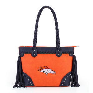 NFL-HB-DEN-010 Denver Broncos Braided Tassel Rivet Tote Bag - Orange