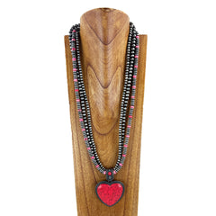 NKS230416-03-06   3 Strings Navajo Pearl and Stone Necklace (31")  with Stone Heart Pendant