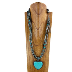 NKS230416-03-06   3 Strings Navajo Pearl and Stone Necklace (31")  with Stone Heart Pendant