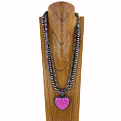 NKS230416-03-06   3 Strings Navajo Pearl and Stone Necklace (31")  with Stone Heart Pendant