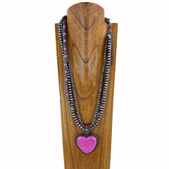 NKS230416 25-28   Roundelle Beads Navajo Pearl Necklace (26") with Heart Pendant