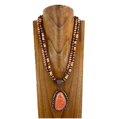 NKS230416-15-18  Double Layer Cooper Color Navajo Pearl Necklace (24") with Pear Shape Stone Pendant