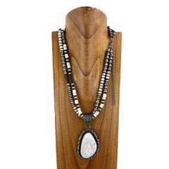 NKS230416-19-22  Double Layer Silver Color Navajo Pearl Stone Beads Necklace (24")  with Big Pear Shape Stone Pendant