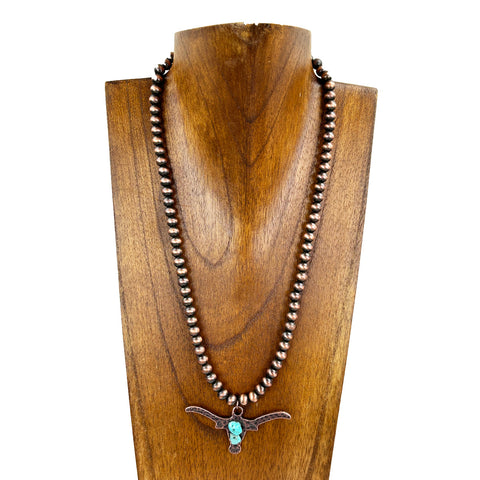 NKS230416-54-55   Navajo Pearl Necklace (17") with  Metal Long Horn Pendant