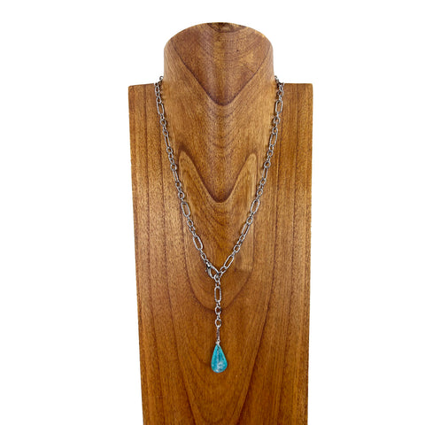 NKS230506-23 Silver Metal Chain with Turquoise Stone Teardrop Pendant Necklace