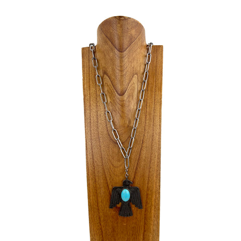 NKS230510-01  Big Paper Clip Metal  Chain With Turquoise Stone Thunderbird Pendant Necklace