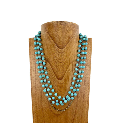 NKS230603-04  3 Layers Turquoise stone beads with brass color metal chain Necklace
