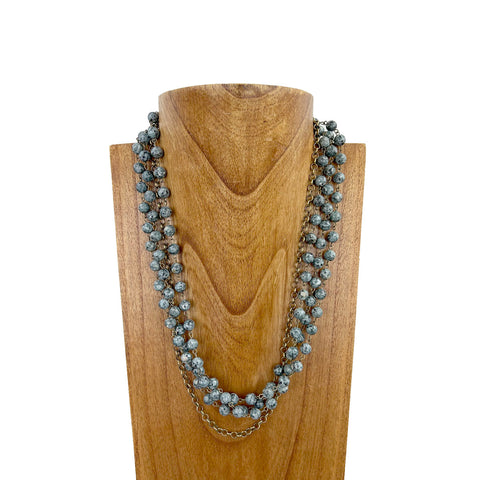NKS230603-05  3 Layers Grey Jasper stone beads with brass color metal chain Necklace