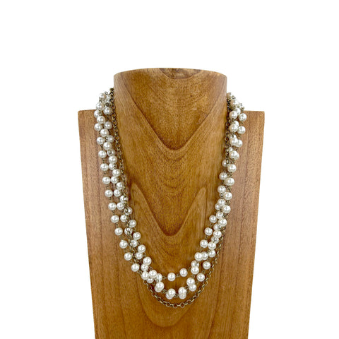 NKS230603-08  3 Layers Glass Pearl Beads with brass color metal chain Necklace