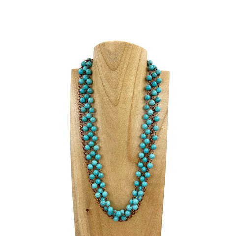 NKS230603-09  3 Layers Turquoise Stone Beads with Cooper Color Metal Chain Necklace