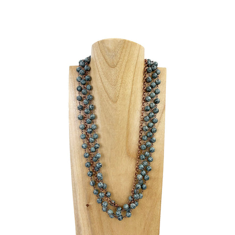 NKS230603-10  3 Layers Grey Jasper Stone Beads with Cooper Color Metal Chain Necklace