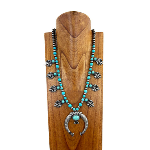 NKY221015-01 Navajo Pearl Beads and Color Stone Necklace (24")  with Large Squash Blossom Pendant