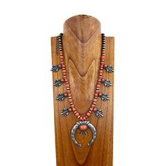 NKY221015-01 Navajo Pearl Beads and Color Stone Necklace (24")  with Large Squash Blossom Pendant