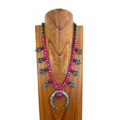 NKY221015-01 Navajo Pearl Beads and Color Stone Necklace (24")  with Large Squash Blossom Pendant