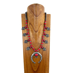 NKY221015-01 Navajo Pearl Beads and Color Stone Necklace (24")  with Large Squash Blossom Pendant