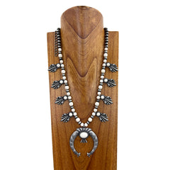 NKY221015-01 Navajo Pearl Beads and Color Stone Necklace (24")  with Large Squash Blossom Pendant