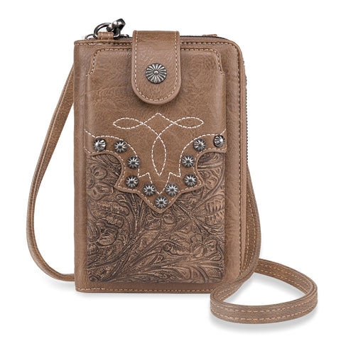 PHD-2006  American Bling Embossed Floral Boot Stitch Phone Wallet/Crossbody