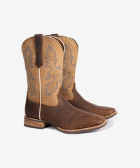 PLT103608 (100008)  Western Men's Embroidered Wide Toe Cowboy Full Grain Leather Boots