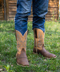 PLT103608 (100008)  Western Men's Embroidered Wide Toe Cowboy Full Grain Leather Boots