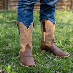 PLT103608 (100008)  Western Men's Embroidered Wide Toe Cowboy Full Grain Leather Boots