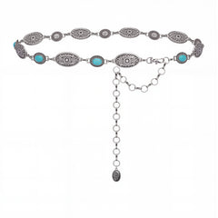 RCB-03-114  Rustic Couture Etched Oval Floral Turquoise Stone Centered Concho Link Chain Belt