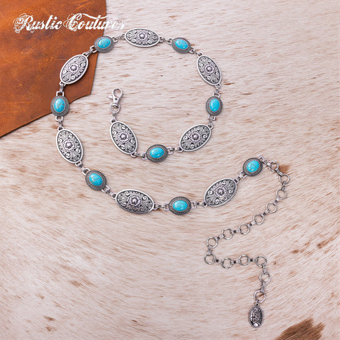 RCB-03-114  Rustic Couture Etched Oval Floral Turquoise Stone Centered Concho Link Chain Belt
