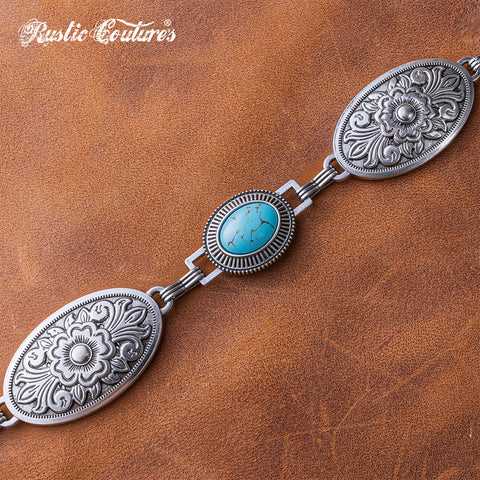 RCB-03-114  Rustic Couture Etched Oval Floral Turquoise Stone Centered Concho Link Chain Belt