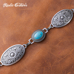 RCB-03-114  Rustic Couture Etched Oval Floral Turquoise Stone Centered Concho Link Chain Belt