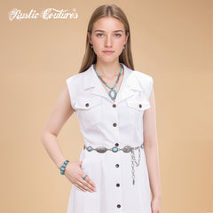 RCB-03-114  Rustic Couture Etched Oval Floral Turquoise Stone Centered Concho Link Chain Belt