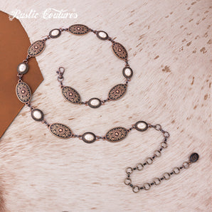 RCB-03-114 Rustic Couture Etched Oval Floral Turquoise Stone Centered Concho Link Chain Belt
