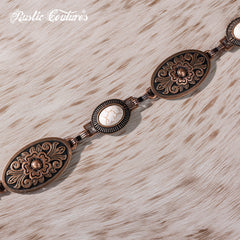 RCB-03-114  Rustic Couture Etched Oval Floral Turquoise Stone Centered Concho Link Chain Belt