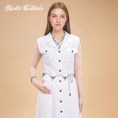RCB-03-117  Rustic Couture Etched Thunderbird Turquoise Stone Centered Concho Link Chain Belt